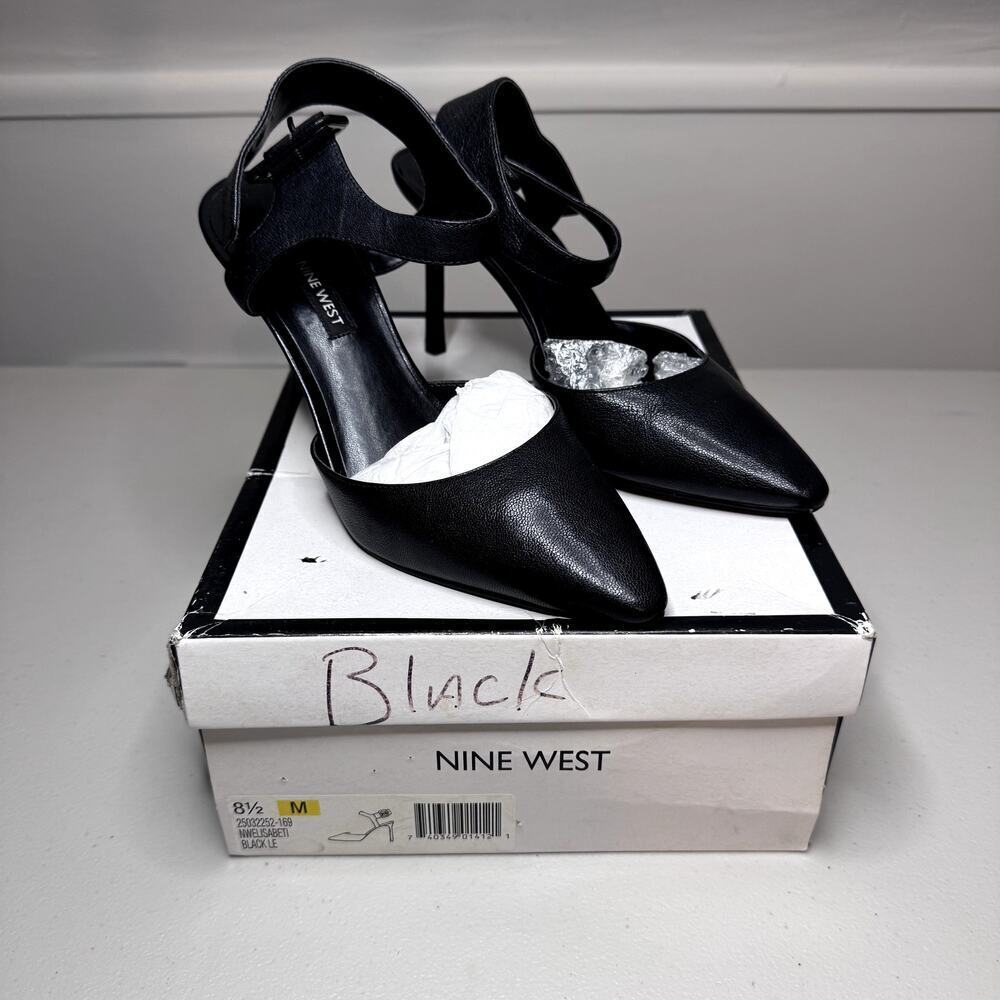 Nine West Black Leather Pointy Toe Pumps W/ Ankle Strap Women's 8.5